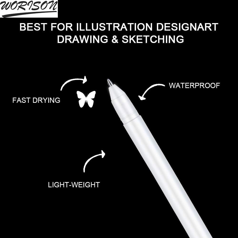 worison 12 -Piece White Gel Pen Set, 0.6mm Line Drawing Pen, Archival Ink Fine Point Tip Sketching Gel Pens 2