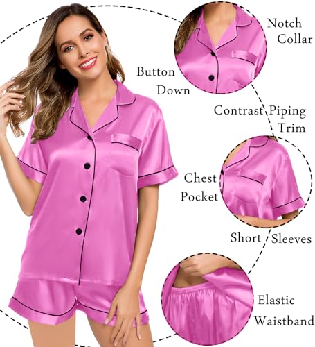 Image of LecGee Womens Silk Satin Pajamas Short Sleeve Loungewear Two-Piece Sleepwear Button-Down Pj Set