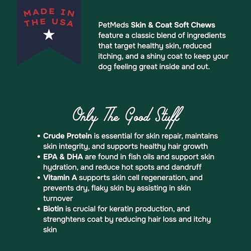 Image of PetMeds Skin & Coat Supplement for Dogs - Fish Oil, Omega 3, Vitamin E, & Biotin for Dry, Itchy Skin & Shedding Relief - Healthy Skin & Shiny Coat - Beef & Sweet Potato Flavor - 60 Soft Chews