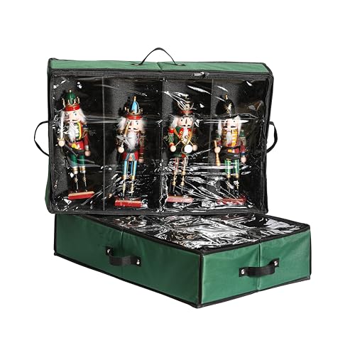 Masnest Christmas Figures Storage Box, 2 Pack, Holds 4 Nutcracker Figurines up to 16 inches, Canvas Adjustable Nutcracker Decor Ornament Storage Container,Xmas Decorations Accessories Boxes,Green