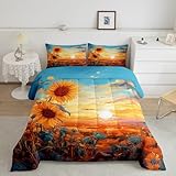 Manfei Natürlicher Sonnenuntergang Queen-Size-Bettdecken-Set, rustikale Sonnenblumen, Ölgemälde, Alternative für Erwachsene, Raumdekoration, Waercolor, Himmel, Wolken, Natur, künstlerisch, ultraweiche