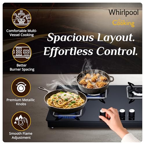 Image of Whirlpool 90cm 4 Burner Auto Ignition Gas Stove | SABAF Brass Burners & Valves | 8mm Thick Toughened Black Glass | 10-Year Burner & Valve and 5-Year Glass Warranty | GRANDIOSA ULTRA LOTUS 904 CT AI BR