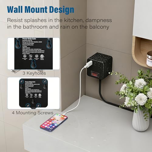 Extensión ultra delgada con enchufe plano y protección IPX4, cubo multitoma con 6 tomas eléctricas, 3 puertos USB-A, 1500W, 1.22 m, montable en pared para interior y exterior, certificación ETL, marca Veeloon miniatura 5