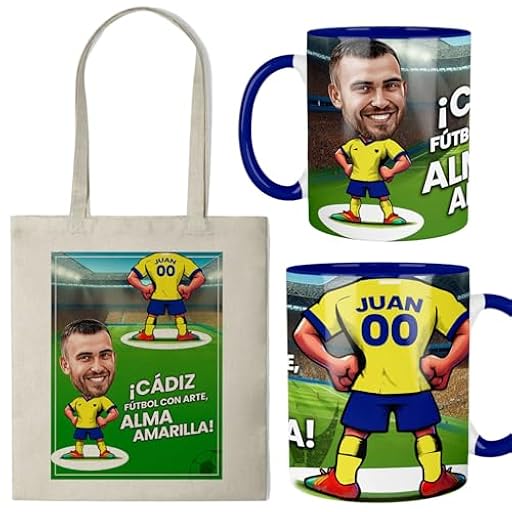 Kembilove® Taza personalizada caricatura Cádiz CF | Regalo original para cadistas | Taza y bolsa con nombre y dorsal | Alma amarilla y arte andaluz | Afición del Carranza | Ya disponible en tu tienda friki favorita! En mundofriki.es!