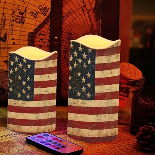 Image of Retro American Flag Plastic Flameless Candles with Remote Control and Timer LED Flickering Battery Operated Color Changing Electric Pillar Candles Decoration