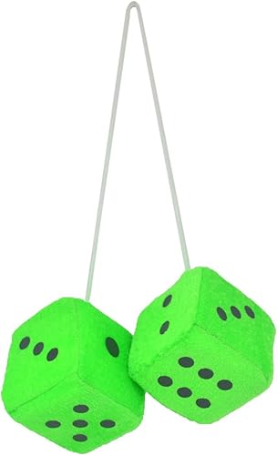 Dados de felpa mullidos para espejo de automóvil, 1 par de dados cuadrados retro de 3 pulgadas verdes con puntos negros para decoración interior del
