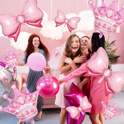 Image of 10pcs Pink Crown Balloons And Pink Bow Balloon, Light Bows Balloons, Large Pastel Crown Foil Balloon With Two Sizes For Birthday Baby Shower Theme Party Wedding Bridal Shower Decoration