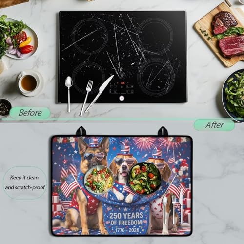 Image of Poceacles 4th of July Stove Top Cover Glass Stove Top Cover United States 250th Party Decor Cooktop Protector Stovetop Mats for Kitchen Decor, Dog USA Flag 250 Years 1776-2026 Print