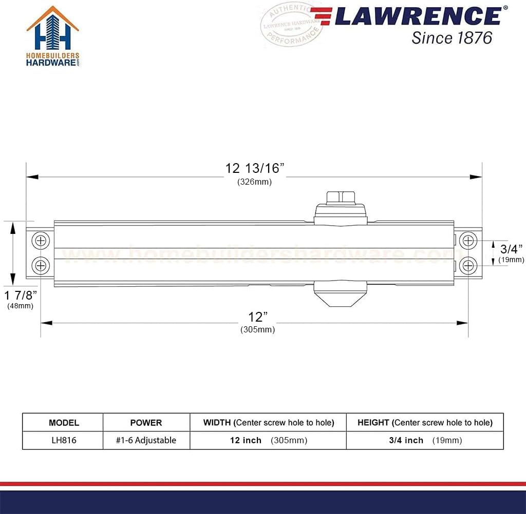 Lawrence Heavy Duty Door Closer Commercial Grade 1 - Adjustable 6-Speed Delayed-Action Door Control with 3 Pistons – Flexible Installation with Included Hardware - Embassy Series LH816