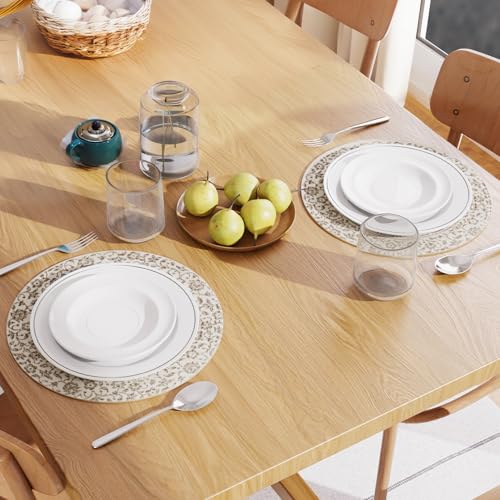 Image of Dining Table Mats Set of 2 | Cotton Table Mat 32 cm Diameter, Encasa XO Washable Round Table Mats, Heat Resistance Dining Table Placemats, Handmade Ribbed Style for Centre Table, Printed Grey