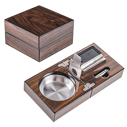 LJFLI Cenicero con Tapa Traje Acero Inoxidable de Madera Maciza Cenicero de Puros Portátil y Plegable Soporte para abridor de Agujeros para Cortador de cigarros Establecer Viaje