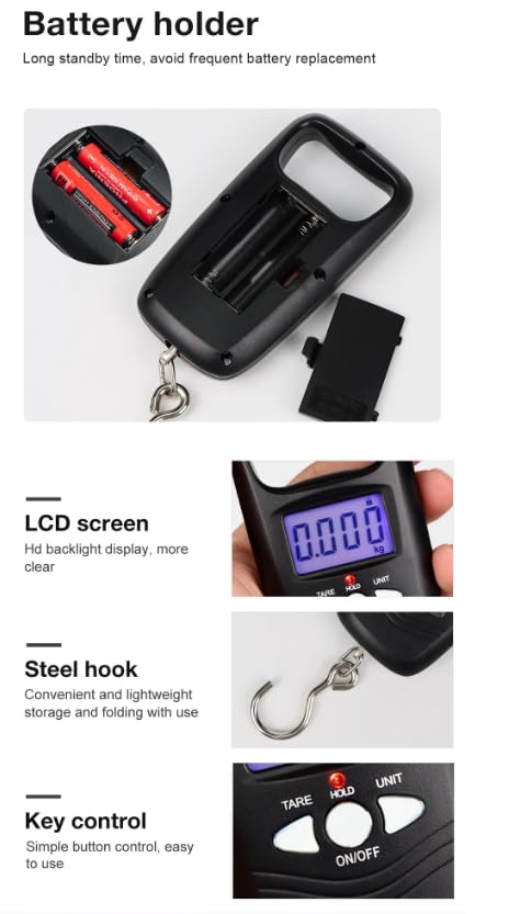 WH-A17 - Báscula digital de bolsillo para equipaje de 50 kg/10 g, báscula para colgar pesas, portátil, LCD, pesaje, anzuelo de pesca
