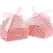 PONATIA 50pcs/Lot Laser Cut Pearl Paper Party 2 IN1 Rose Flower Wedding Favor Ribbon Candy Boxes Gift Box (Pink Rose)