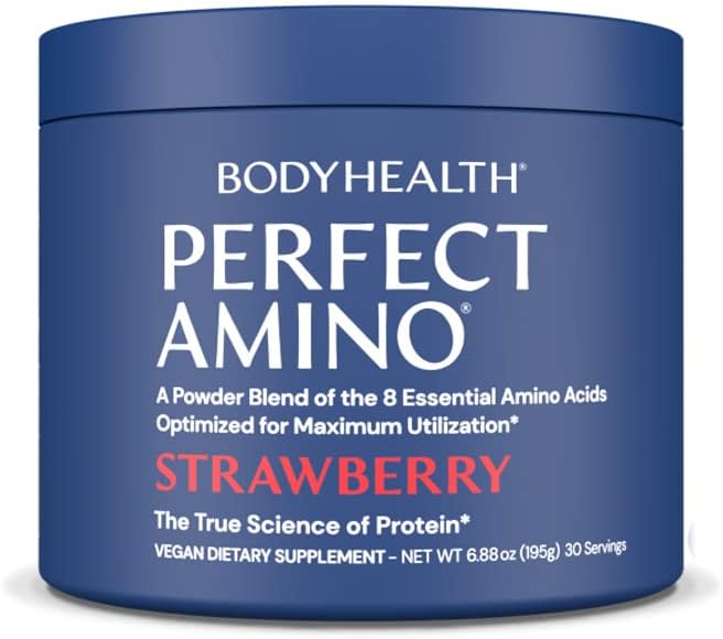 BodyHealth PerfectAmino XP Strawberry (30 Serving) Best Pre/Post Workout Recovery Drink, 8 Essential Amino Acids Energy Supplement with 50% BCAAs, 100% Organic, 99% Utilization