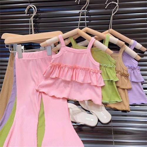 Girl's 2 Piece Outfits Spaghetti Strap Knit Camisole Ruffle Top & Ribbed Flare Pants Knit Outfits Girls Matching 𝐋ounge Set2
