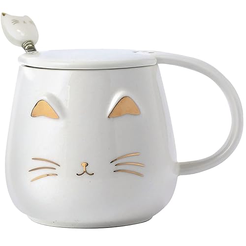 Yuwu Cat Mug Cute Coffee Mug gifts for cat lovers Ceramic Cup, Novelty Mug with Lid and Stainless Steel Spoon, Christmas Birthday Gifts Present for kids Women Girls (White) - White