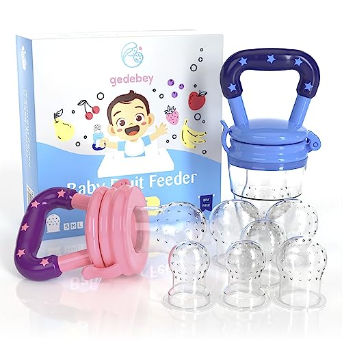 Image of Gedebey Baby Food Feeder Pacifier - 2 Pack Frozen Fruit Teethers for Babies | Baby Silicone Feeder Pacifier | Teething Feeder | Baby Fruit Pacifier Feeder | Baby Food Teether Feeder (Pink&Blue)