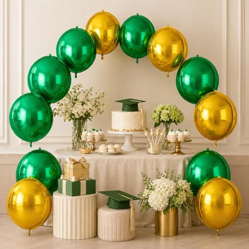 Image of 9 Pcs Green Gold Round Foil Balloons,22 Inch Round Balloons | Green Gold Giant 4D Round Ball Balloons For Birthday Jungle Safari Graduation St Patrick's Day Decorations