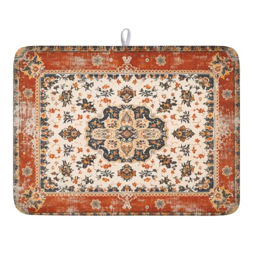 Giwawa Ethnic Boho Dish Drying Mat Rust Coral Floral Decorative Dishes Pad 18x24 Inch Absorbent Fast Dry Drainer Rack Mats for Kitchen Countertop