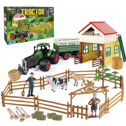 Joylike Farm Tractor Playset, 62 Pcs Farm Toy Set for Kids with 1/24 Tractor, Dumpable Traile, Bale Grapple, Big Barn, Farm Life Accessories, Map - Toys for 3+ Year Old Boys Girls