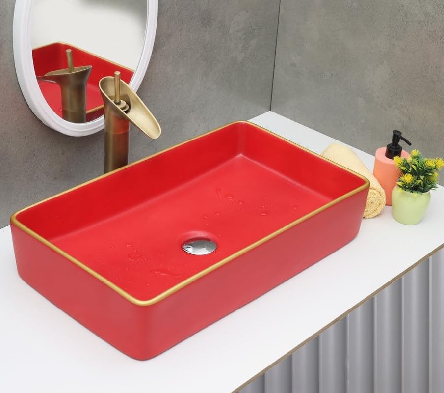 SEA SHORE Wash Basin Countertop | Tabletop Ceramic Bathroom Sink | Wash Basin Over Counter | Wash Basin For Bathroom (60x35.5x13 CM, Red Golden Border) (B0CSVXZQMR) Amazon Price History, Amazon Price Tracker
