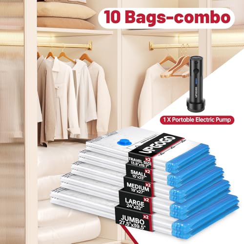 Image of UPGOGO Vacuum Storage Bags with Portable Electric Pump,Vacuum Seal Bags for Clothing,Space Saver Bags,Vacuum Travel Bags for Luggage(Combo 10 Pack)