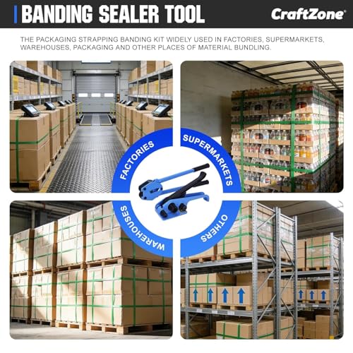 Image of Banding Strapping Kit | Pallet Strapping Kit with Tensioner Tool | Heavy Duty Banding Tool 1500lbs Break for Banding Bulky Items Warehouses|Factories | 5 /8 inch W*2000' L Poly Strapping|100 Seals | 2000FT