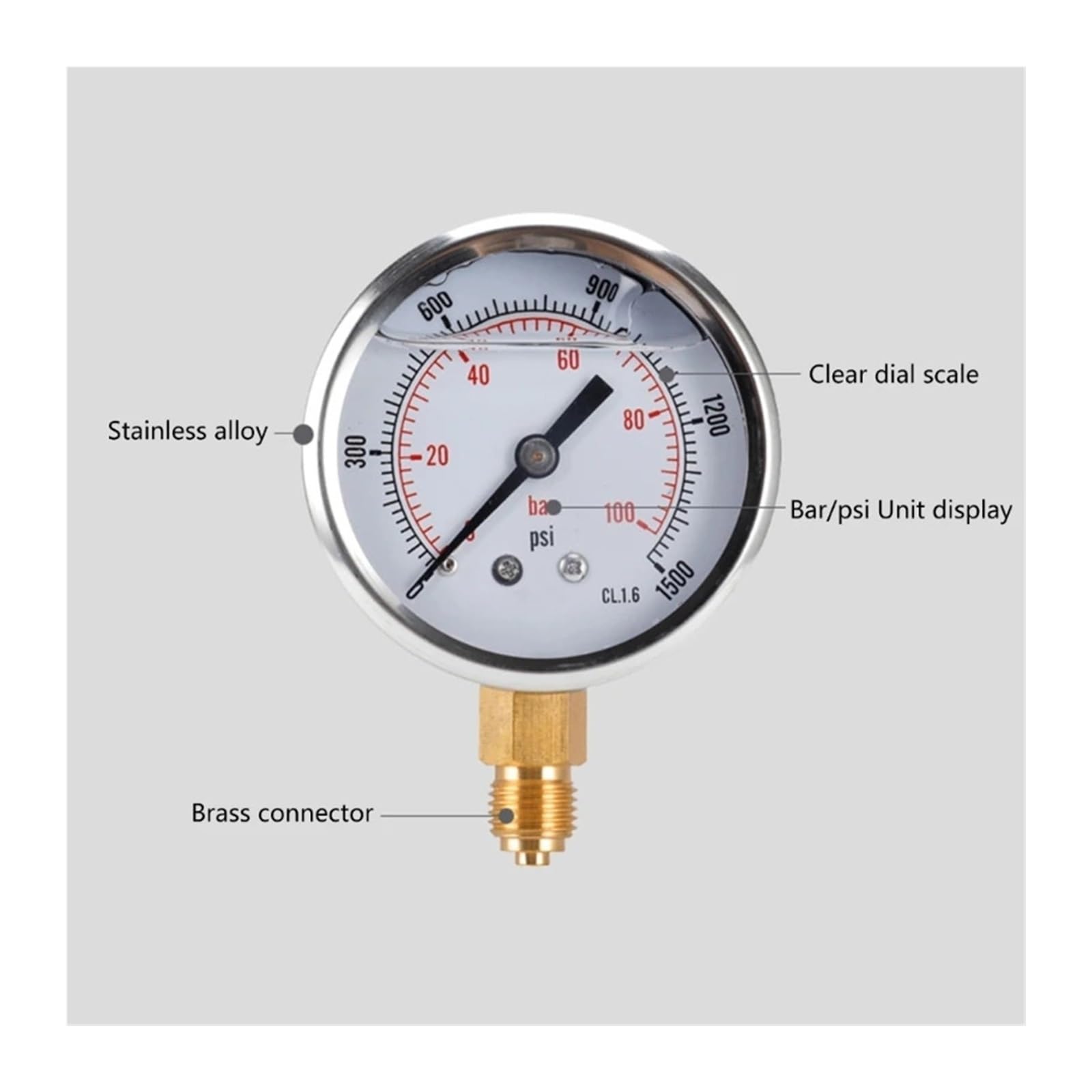 Medidor de presión vacío lleno glicerina, conexión inferior BSP 1/4 pulgadas, 100 Bar, 0-1500 PSI, medidor agua, aire, aceite, Gas, e Dual,Precisión del dial de precisión