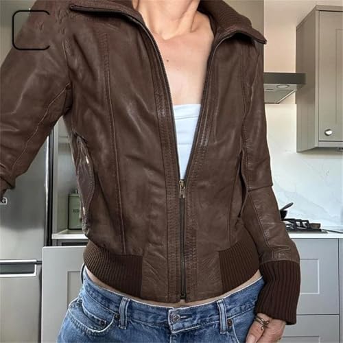 Women Vintage Leather Jackets American Retro Patchwork Zipper Slim Fit Coats PU Jackets2