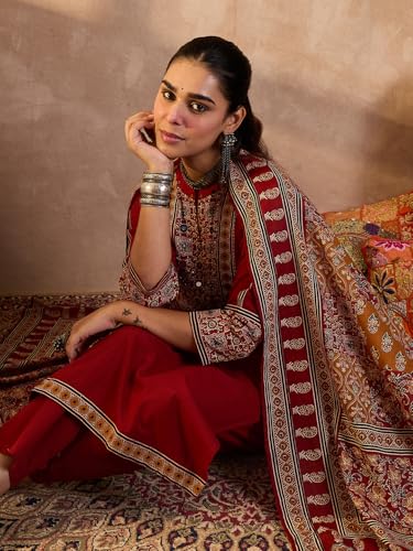 Image of INDO ERA Women's Straight Pure Cotton Floral Self Design Kurta & Pant With Dupatta Set | Kurta Sets For Woman