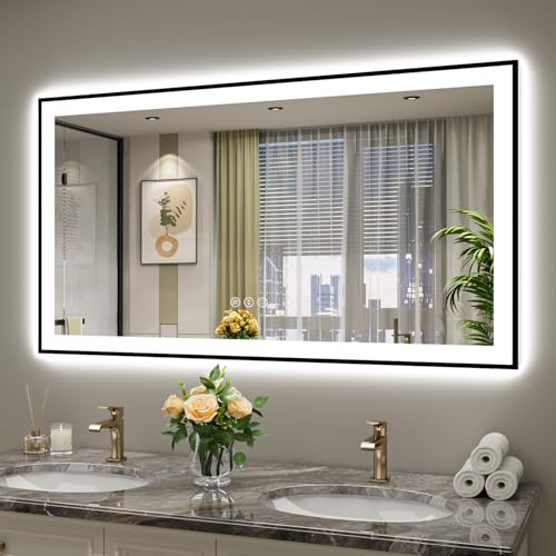 Image of 55x30 Inch LED Bathroom Mirror with Lights (Front Lit and Backlit) Black Framed Lighted Vanity Mirror for Bathroom Wall Dimmable Anti-Fog Memory Tempered Glass Horizontal /Vertical