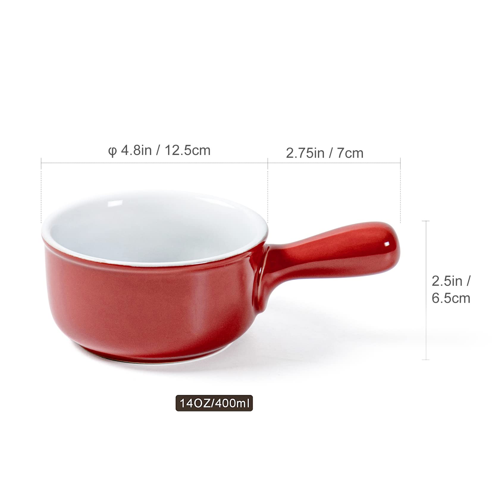 UNICASA Juego de 4 Tazones de Sopa con Asa, Tazón de Cebolla Francesa de 400ML, Tazón de Porcelana para Sopa para 4 Personas - Rojo, 4 x 400ml
