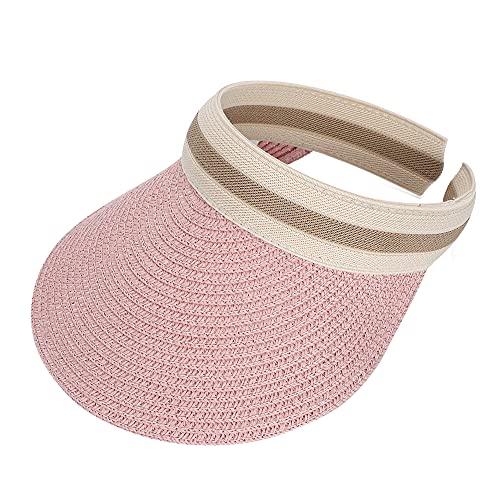 Straw Sun Visors Hats for Kids Embroidered Boys and Girls Wide Brim Roll Up Ponytail Open Top Cap4