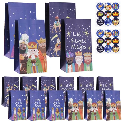 WD&CD 12 PCS Reyes Bolsas de Regalo de Papel, Bolsitas para Regalos con 18 Pegatinas Navideñas, Navideñas Bolsas para Decoración de Navidad para Reyes Magos Decoración, Fiesta de Navidad, Celebración