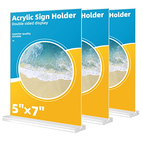 Lechay 3 Pack 5 x 7inches Clear Table Menu Display Stand Desktop Display Stand Paper Holder Table Top Sign Holder Suitable for Restaurants, Office, Home, Store (Vertical 3 Pack 5x7)