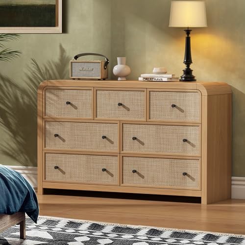 Image of Oak&Sparrow 7 Drawer Dresser for Bedroom, 49'' Rattan Dresser with Ample Storage, Boho Chest of Drawers, Thickened Curved Profile Design, Oak Dressers for Bedroom, Living Room