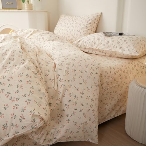 Image of LifeTB Full Size Comforter Set Chic Botanical Floral Strawberry Bedding Set | Cottagecore Flowers Strawberry Comforter for All Season Aesthetic Floral Bedding Comforter with 2 Pillowcases