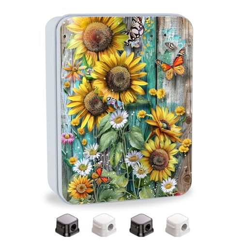 Image of Metal Tin Box with Lid, Sunflowers Daisies and Butterflies | Multi-functional Storage, Large Box, Can Store Tea Biscuits Game Cards Playing & Tarot Cards