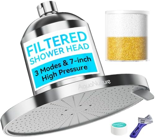 Filtered Shower Head with Filters, Best Shower Heads High Pressure 3 Modes 7 Inch Rain Filter Showerhead for Healthier Hair & Skin, Remove Chlorine and Heavy Metals For Hard Water,Chrome 1.8 GPM