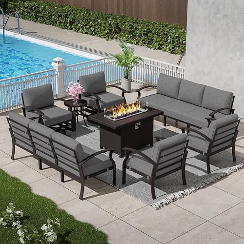 Image of Patio Furniture Set 10 Seats Aluminum Armrest Sofa, Modern Outdoor Living Room Set with 55000 BTU Propane Aluminum Fireplace, Outdoor Rotary Joystick with Thick Cushion - Grey