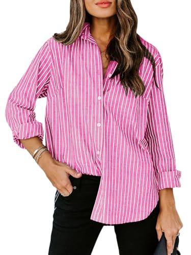 Image of siliteelon Striped Button Down Shirts Women Cotton Long Sleeve Work Blouses