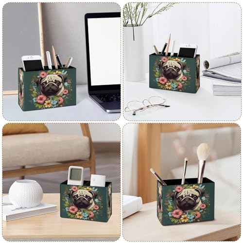 Famame Porta-lápis vintage de flores ao redor de pug para mesa, recipiente de mesa de couro, organiz