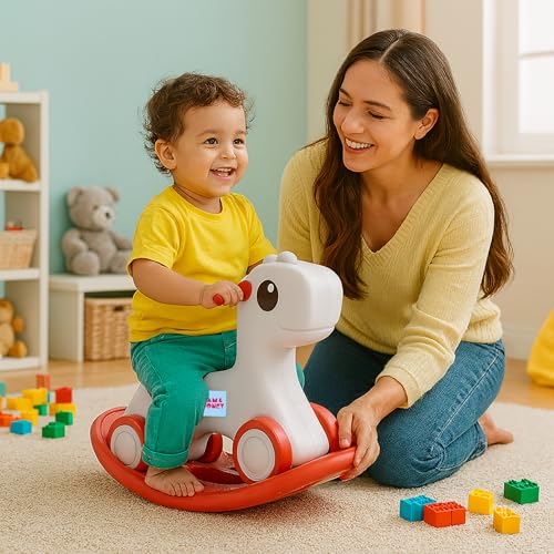 Image of Amazon Brand - Jam & Honey 3-in-1 Baby Push On Ride On Rocker for Kids | Balancing Board | Backrest | Easy Grip | Four Wheel | Durable and Safe | Lightweight | Animal Theme | 12 Months+ | Red & Grey
