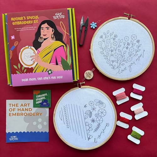 Image of KNOT YOUR TYPE Cotton Mother's Love DIY Embroidery Kit with Gift Box-Bundle of 2|Hand Embroidery Kit with All Stitching Materials|Perfect Art & Craft Gift Set,Stitching Kit for Adults,Multicolor