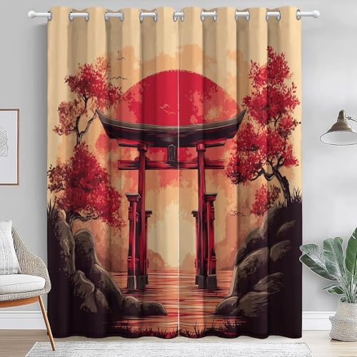 Rojo Amarillo 100% Cortinas Opacas con Ojales, Estilo Japonés Sol Rocas Impresión Antiarrugas Cortinas Térmicas Durable, 117 An x 138 Al cm (2Paneles) Cortinas para Dormitorio Salon Cocina