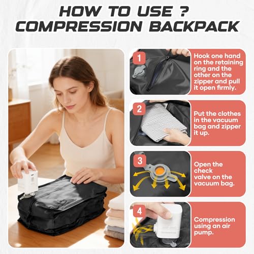 Image of Travel Backpack with Compression Vacuum Storage Bag & Electric Pump, Expandable Flight Approved Carry On Backpack, 18x14x8 inches Personal Item Travel Bag for Men Women, Pink