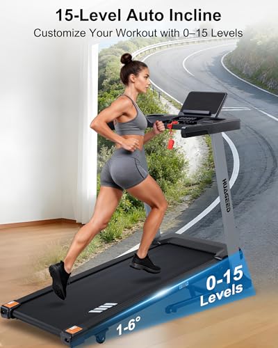 Image of HUAGEED Treadmills for Home, 15-Level Auto Incline, 17.32 inch Wide Belt, 3.0HP, 0.6-10 MPH, 300 lb Capacity Folding Running Machine, 40 Preset Programs