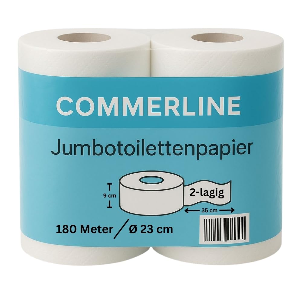 Commerline 30 rollos de papel higiénico jumbo, 23 cm de diámetro, 2 capas, papel higiénico blanco, 180 m/rollo, rollos grandes para restaurantes, hoteles, centros comerciales