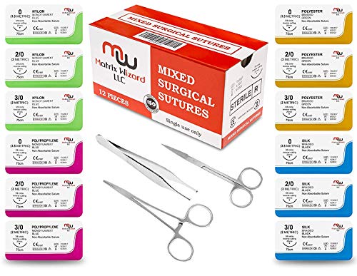 New Mixed Sterile Suture Threads with Needle Plus Tools (Non-Dissolvable Sutures) - First Aid Practice Stitch Kit; Medical, Nursing, Dental, EMT, Medic and Veterinary Students