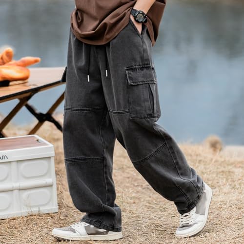 Men's Casual Loose Elastic Waist Cargo Jeans Hip Hop Denim Pants3